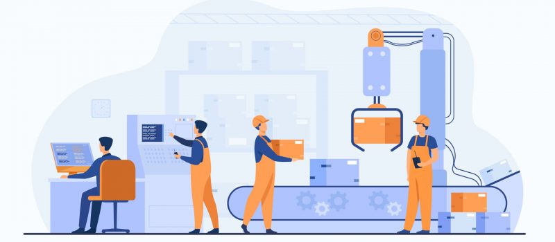 Factory workers and robotic arm removing packages from conveyor line. Engineer using computer and operating process. Vector illustration for business, production, machine technology concepts