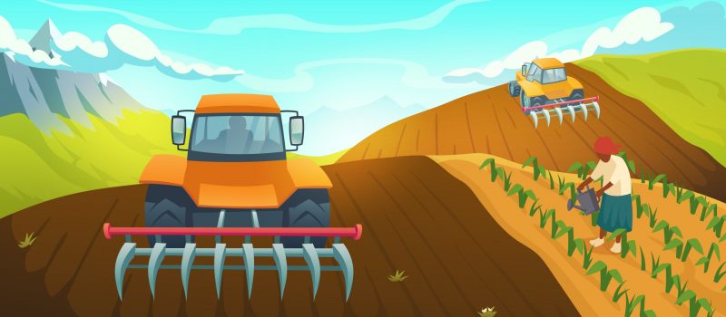 Tractor plowing farm field on rural mountain landscape with worker care and watering plants. Traditional agriculture, countryside or village life, organic production grow, Cartoon vector illustration